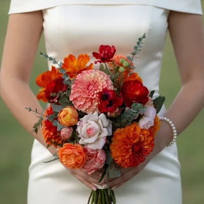 Orange Wedding Bouquets of orange dahlias, crimson flowers, blush roses, warm buds and eucalyptus held by a bride