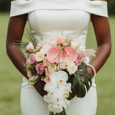 Orange Wedding Bouquets of peach roses, blush anthuriums, white orchids and dark tropical foliage held by a bride