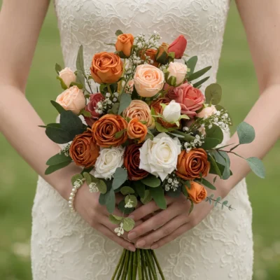 Orange Wedding Bouquets of copper, peach and dusty rose blooms, ivory roses, white filler flowers and eucalyptus held by a bride