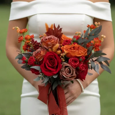Orange Wedding Bouquets of fiery orange roses, deep red blooms, caramel roses, dark foliage, berries and wine-red ribbon held by a bride