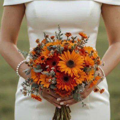 Orange Wedding Bouquets of golden sunflower-like blooms, orange gerberas, small daisy flowers and silvery foliage held by a bride