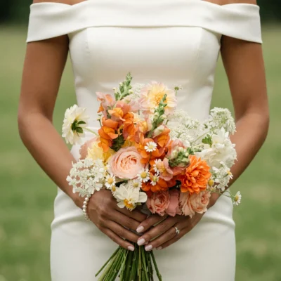 Orange Wedding Bouquets of peach dahlias, orange flowers, blush roses, white daisies and airy meadow blooms held by a bride