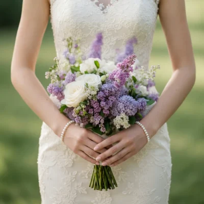 Purple Wedding Bouquets of lilac blossoms, lavender hydrangea-like blooms, white roses and green foliage held by a bride