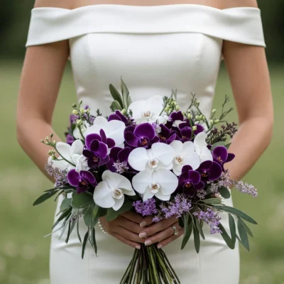 Purple Wedding Bouquets of deep plum orchids, white orchid blooms, lilac flower clusters and olive-like greenery held by a bride