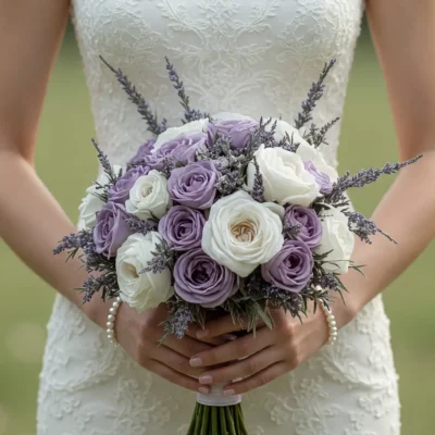 Purple Wedding Bouquets of lavender roses, ivory blooms and delicate purple flowering sprigs held by a bride