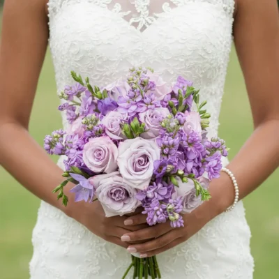 Purple Wedding Bouquets of soft lilac roses, purple stock-like blooms, pale lavender flowers and fresh green buds held by a bride