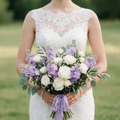 Purple Wedding Bouquets of ivory roses, lavender stock-like blooms, white filler flowers, eucalyptus greenery and lavender ribbon held by a bride