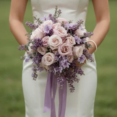 Purple Wedding Bouquets featuring blush roses, lilac blossoms, trailing purple flowers, greenery, and long lilac bridal ribbons