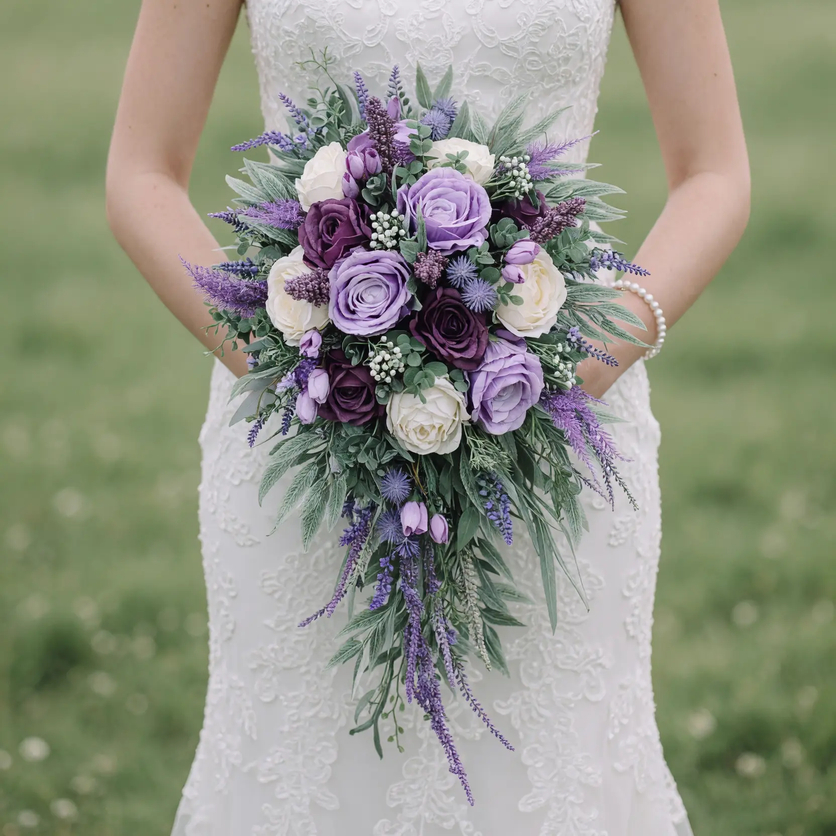 Purple Wedding Bouquets featuring lavender roses, plum roses, ivory blooms, purple flower sprigs, and cascading bridal greenery