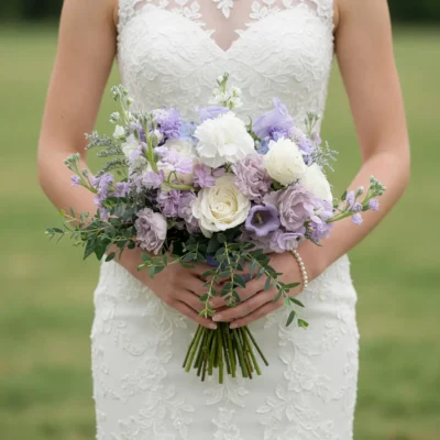 Purple Wedding Bouquets featuring ivory roses, soft lilac flowers, pale lavender blooms, and trailing green foliage for a bride