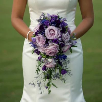 Purple Wedding Bouquets featuring mauve roses, deep violet flowers, lavender accents, and cascading green bridal foliage