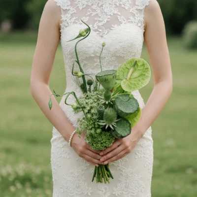 Green Wedding Bouquets featuring green anthurium, lotus pods, globe thistles, Queen Anne's lace, and sculptural bridal greenery