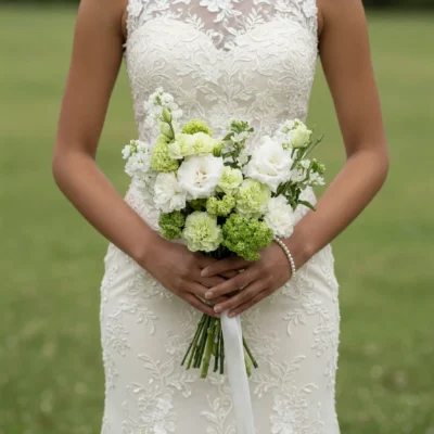 Green Wedding Bouquets featuring white lisianthus, carnations, green viburnum, and white stock flowers