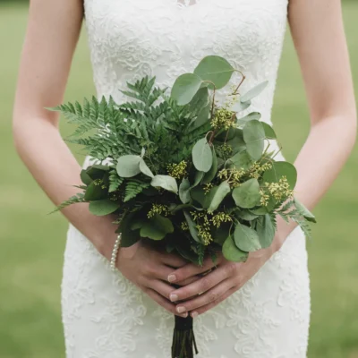 Green Wedding Bouquets featuring eucalyptus leaves, leatherleaf fern, fresh botanical foliage, and natural green wedding greenery