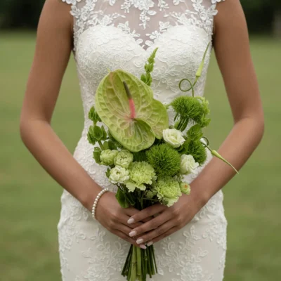 Green Wedding Bouquets featuring pale green anthurium, green button chrysanthemums, pale green carnations, white spray carnations, and botanical greenery