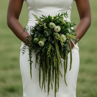 Green Wedding Bouquets featuring cascading green amaranthus, scabiosa seed pods, Italian ruscus, myrtle foliage, and lush botanical greenery