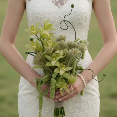 Green Wedding Bouquets featuring pale green cymbidium orchids, eryngium thistles, cascading amaranthus, green allium buds, and sculptural botanical greenery