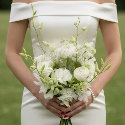 Green Wedding Bouquets featuring white ranunculus, white roses, white carnations, pale green dendrobium orchids, white clematis, and airy ornamental grass