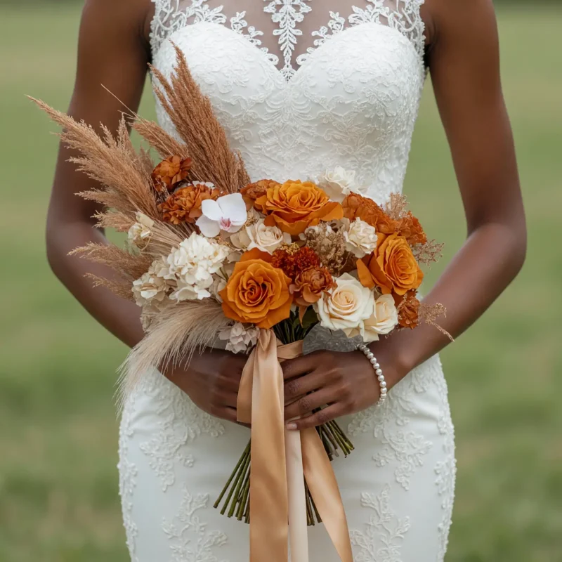 Orange Wedding Bouquets in Burnt Sienna and Pampas Grass
