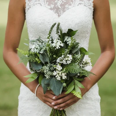 Green Wedding Bouquets featuring white veronica, white candytuft, Queen Anne's lace, silver dollar eucalyptus, leatherleaf fern, and Italian ruscus