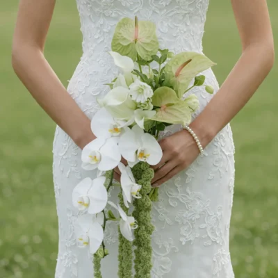 Green Wedding Bouquets featuring cascading white Phalaenopsis orchids, pale green anthuriums, white calla lilies, green chrysanthemums, and cascading green amaranthus