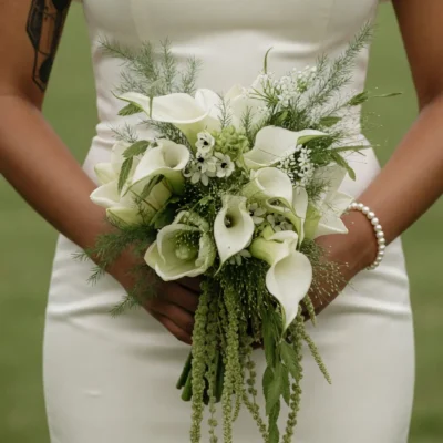 Bridal flowers bouquets with white calla lilies, green hydrangea, cascading amaranthus, delicate white flowers, and airy greenery