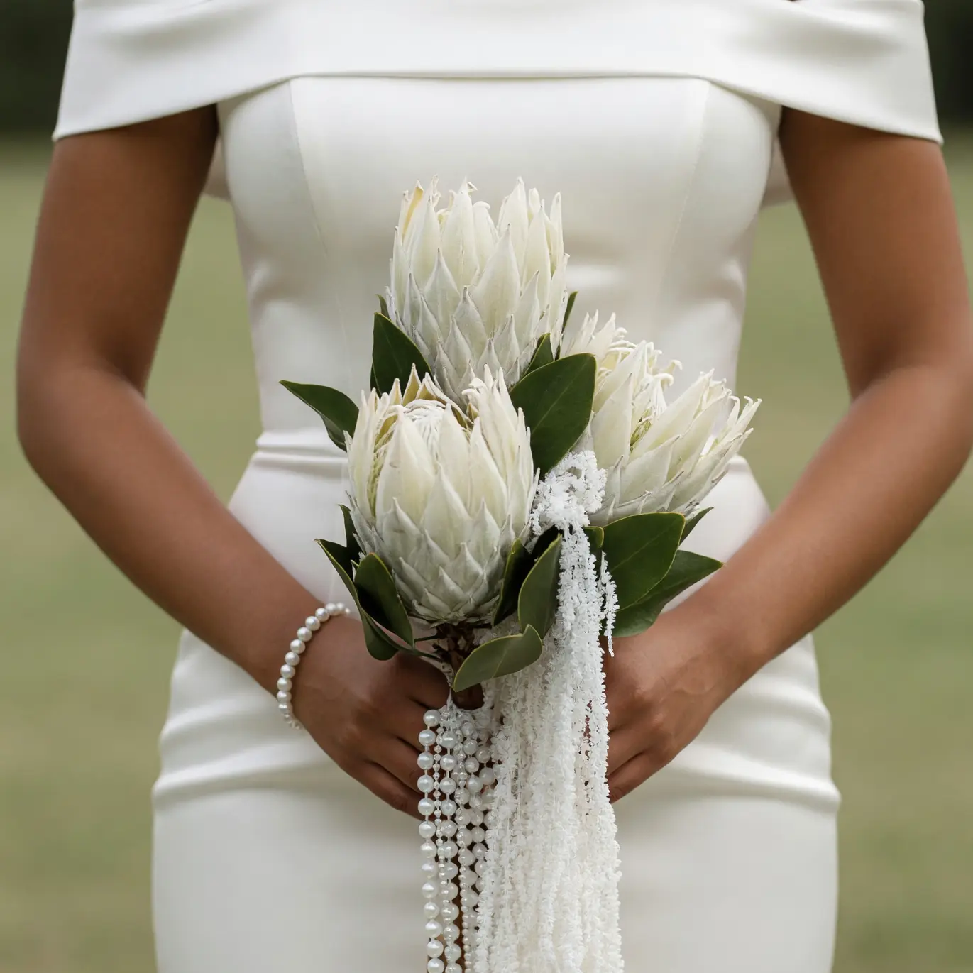 Green Wedding Bouquets White Protea Elegance