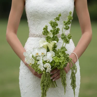Green Wedding Bouquets with white orchids, green hydrangeas, white calla lilies, tall green stems, and cascading amaranthus