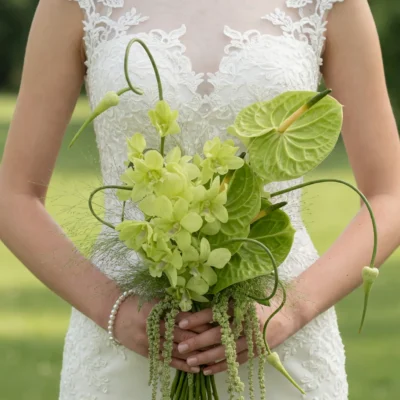 Green Wedding Bouquets with green anthuriums, soft green orchids, curling stems, airy ornamental grass, and cascading amaranthus