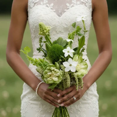 Bridal flowers bouquets with green chrysanthemums, white star flowers, lily buds, and cascading botanical accents