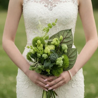 Bridal blooms with green succulent, textured foliage, green roses, and modern botanical wedding bouquet