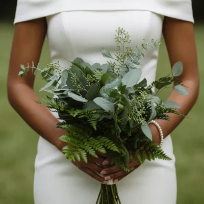 Boho style flowers wedding bouquet with eucalyptus, ferns, lush greenery, and elegant botanical foliage