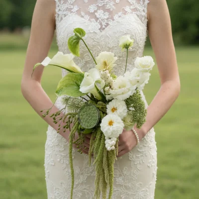 Bridal blooms cascade bouquet with white calla lilies, lotus pod, green anthurium, white roses, and trailing amaranthus