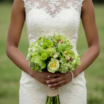 Popular wedding bouquets with green cymbidium orchids, hydrangeas, ivory roses, green button chrysanthemums, and botanical greenery