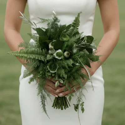 Boho style flowers bridal bouquet with lush ferns, evergreen foliage, olive branches, green anemones, and botanical greenery