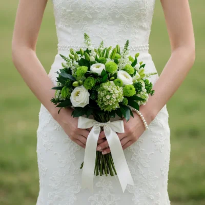 Green Wedding Bouquets with white ranunculus, green button chrysanthemums, lush foliage and ivory ribbon for elegant bridal weddings