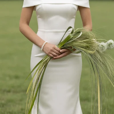 Green Wedding Bouquets with flowing ornamental grasses, sculptural leaves, and white allium flowers for modern minimalist bridal weddings
