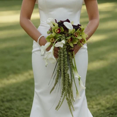 Green Wedding Bouquets with green cymbidium orchids, white calla lilies, burgundy calla lilies, and cascading green amaranthus
