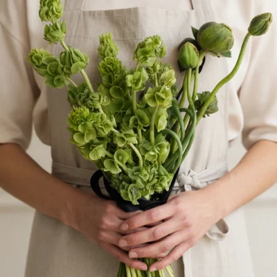 Green Wedding Bouquets with Bells of Ireland, poppy seed pods, and elegant garlic scapes for modern bridal weddings