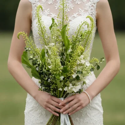 Green Wedding Bouquets with flowering green spikes, Queen Anne's lace, white blossoms, and lush botanical greenery