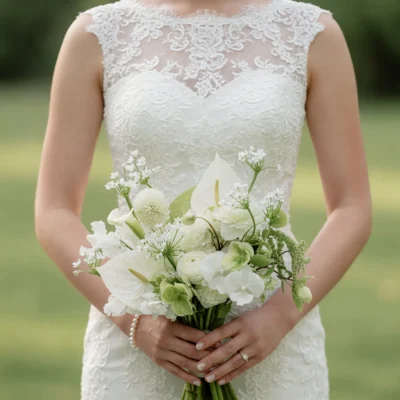 Green Wedding Bouquets with ivory anthuriums, white ranunculus, hydrangeas, botanical greenery, and elegant bridal flowers