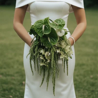 Green Wedding Bouquets with glossy green anthuriums, cascading hanging amaranthus, orchids, white ranunculus, and modern tropical bridal design