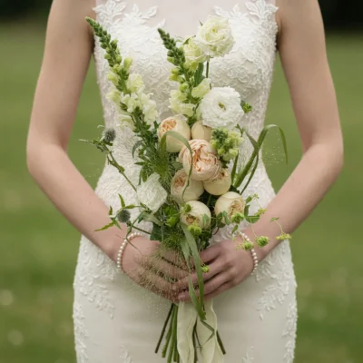 Green Wedding Bouquets with cream garden roses, white snapdragons, lisianthus, meadow greenery, ornamental grasses, and elegant bridal floral design