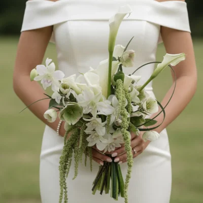 Green Wedding Bouquets with white orchids, calla lilies, cascading green amaranthus, hellebores, and elegant botanical greenery