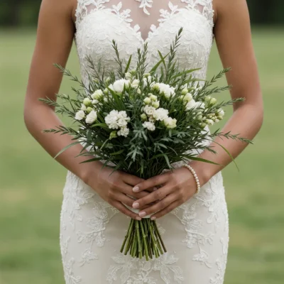 Bridal blooms wedding bouquet with white miniature carnations and fresh botanical greenery for elegant bridal style