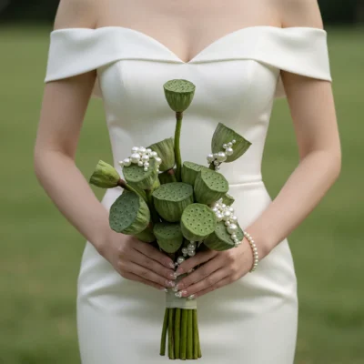 Boho style flowers bridal bouquet with green lotus seed pods and pearl accents for a modern botanical wedding