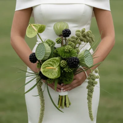 Green Wedding Bouquets with lotus seed pods, green anthuriums, blackberries, trailing amaranthus, and boho style flowers for botanical bridal weddings