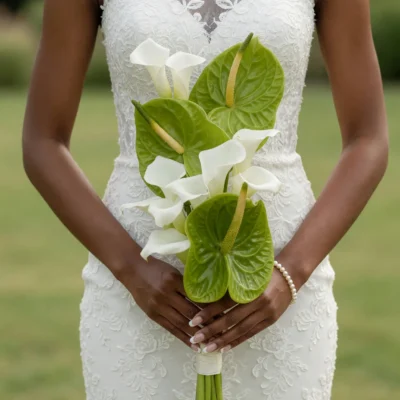 Green Wedding Bouquets with green anthuriums and white calla lilies in elegant boho style flowers for modern bridal weddings