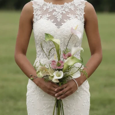 Green Wedding Bouquets with blush anthuriums and white calla lilies in elegant boho style flowers bridal arrangement