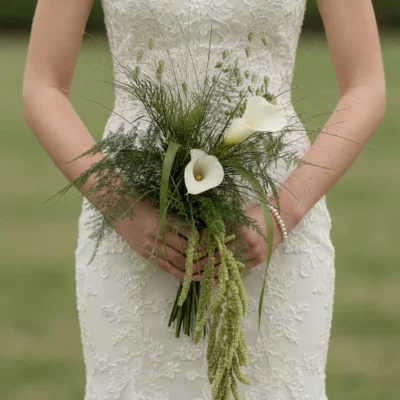 Green Wedding Bouquets with white calla lilies, meadow grasses, cascading amaranthus, and elegant boho style flowers